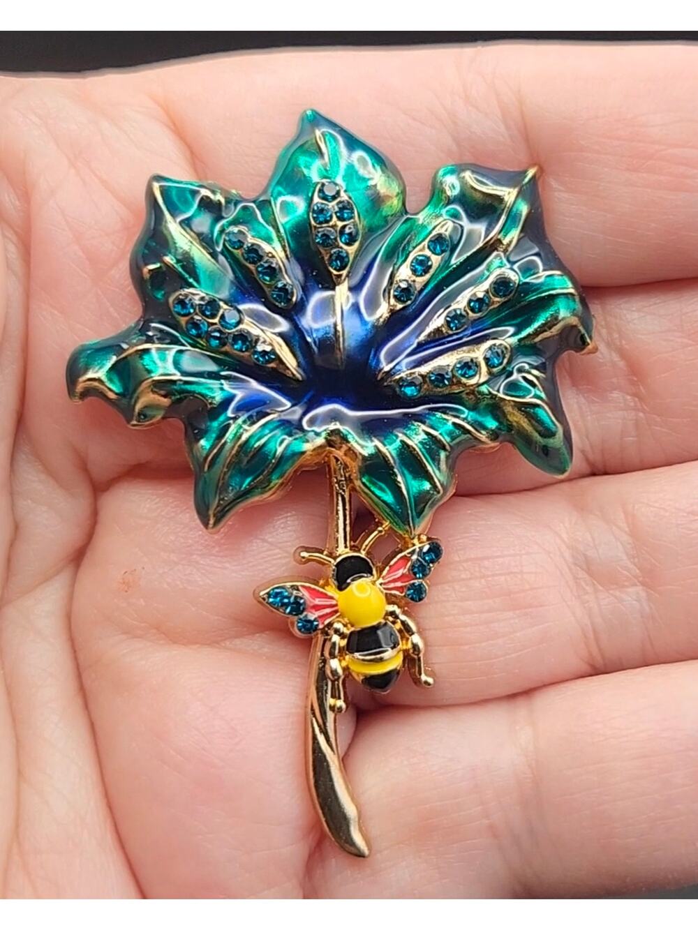 Flower and Bee Brooch Blue Green Petals Enamel & Rhinestone
